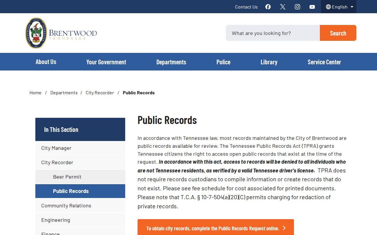 Brentwood City Recorder public records access for residents directory research