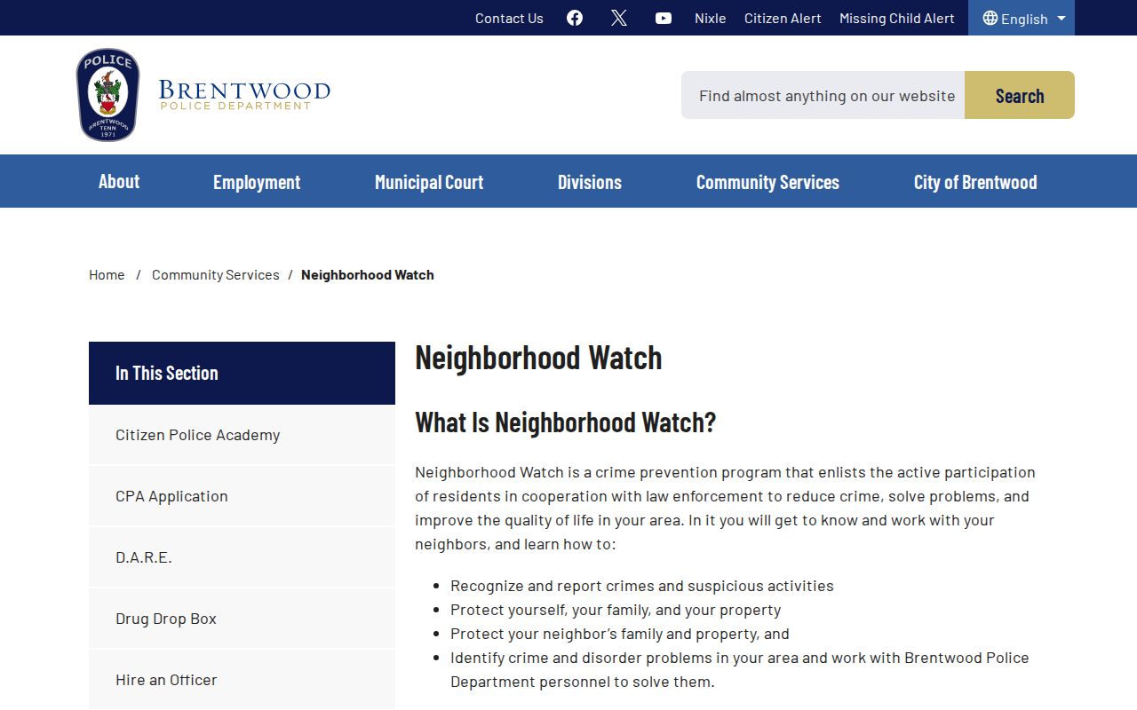 Brentwood neighbors Neighborhood Watch official contact information