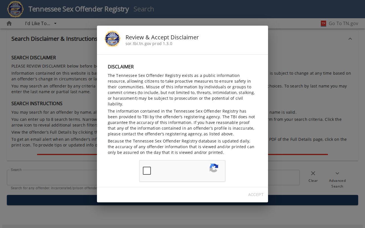 Brentwood resident lookup boundary for Tennessee TBI registry search