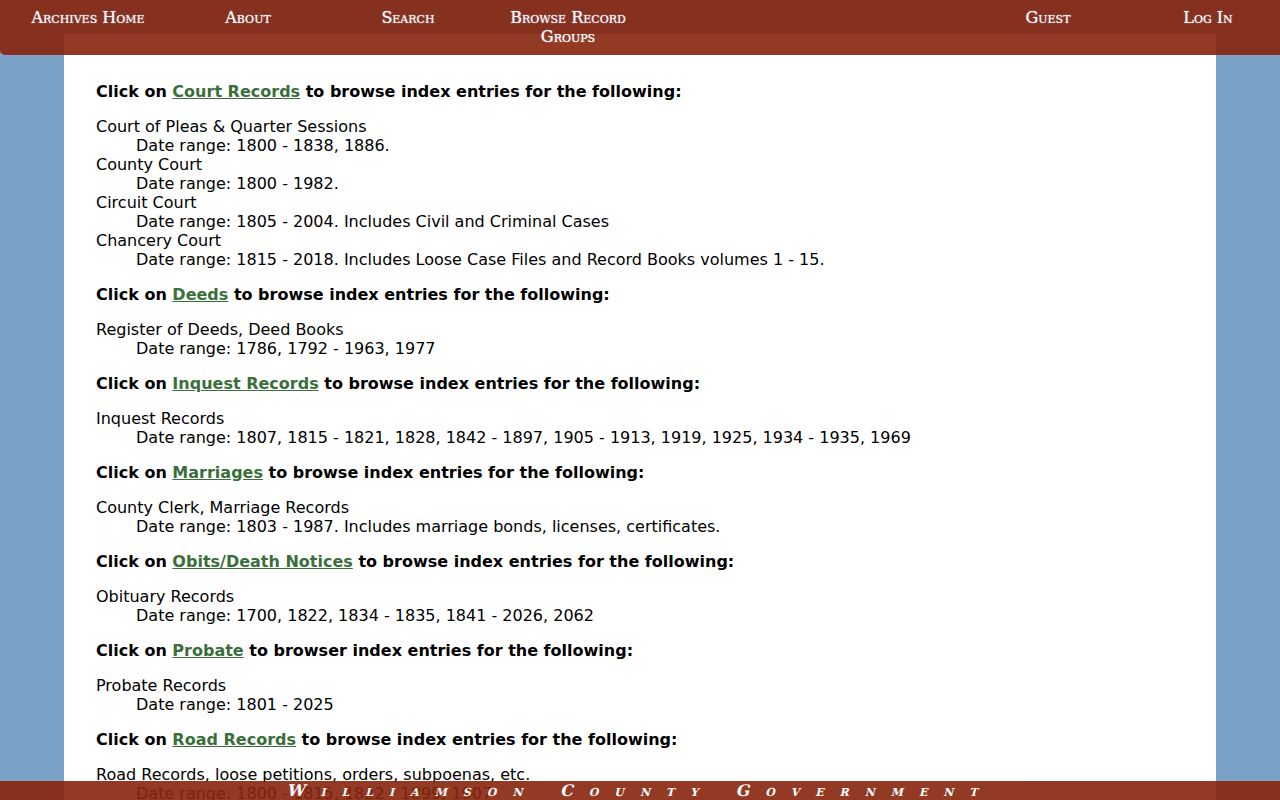 Brentwood previous residents Williamson County Archives record group index