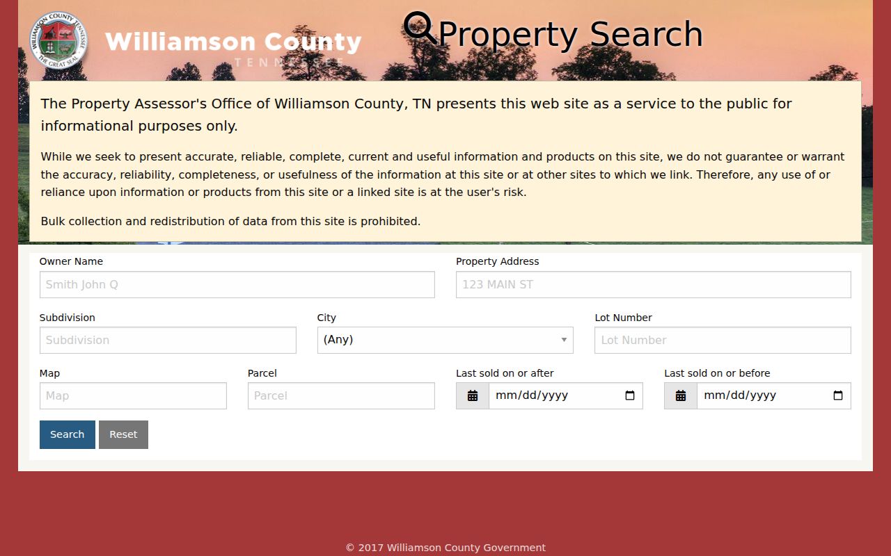 Williamson County property search fields for Brentwood street directory research